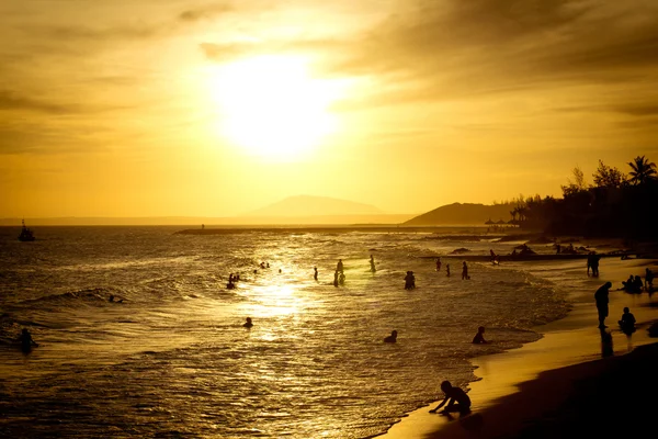 Kokosové palmy a písčité pláže, lidí, kteří jdou na západ slunce. — Stock fotografie