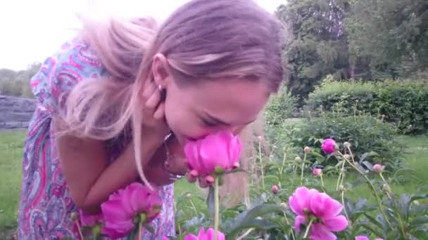 Ung vacker kvinna i en sundress poserar med pioner i en trädgård. Mode modell flicka touch av blommor utomhus i sommar bakgrund. — Stockvideo