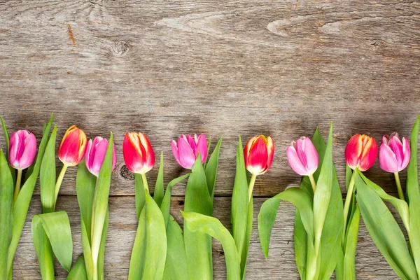 Tulpen gerangschikt op oude houten achtergrond — Stockfoto