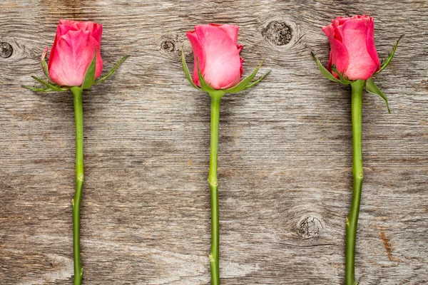 Три рожеві троянди на дерев'яній поверхні — стокове фото