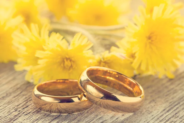 Anéis de casamento com flores amarelas — Fotografia de Stock