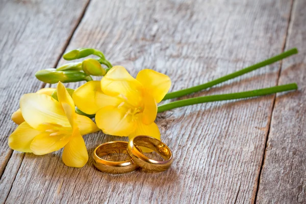 Arany jegygyűrűt frézia virág — Stock Fotó