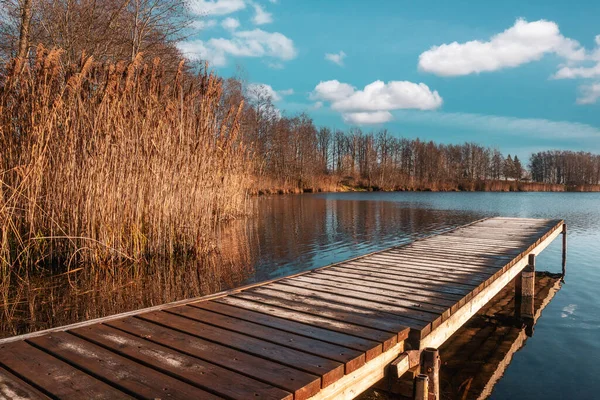 Mole Προβλήτα Στη Λίμνη Ξύλινη Γέφυρα Στο Δάσος Φθινόπωρο Ήρεμη — Φωτογραφία Αρχείου