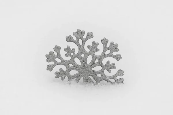 Christmas Decoration Beautiful Silver Snowflake Real Snow Outdoors Winter Holidays — Stock Photo, Image