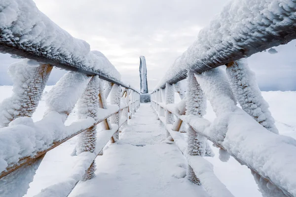 Metalen Brug Met Leuningen Bedekt Met Sneeuw Ijs Extreem Koude — Stockfoto