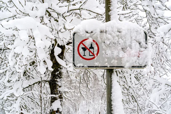 Señal Área Libre Alcohol Parque Público Con Árboles Cubiertos Nieve — Foto de Stock