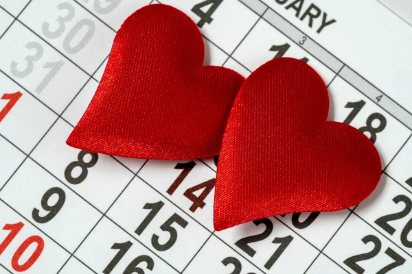 Valentinstag Hintergrund Februar Auf Dem Kalender Mit Zwei Roten Herzen — Stockfoto