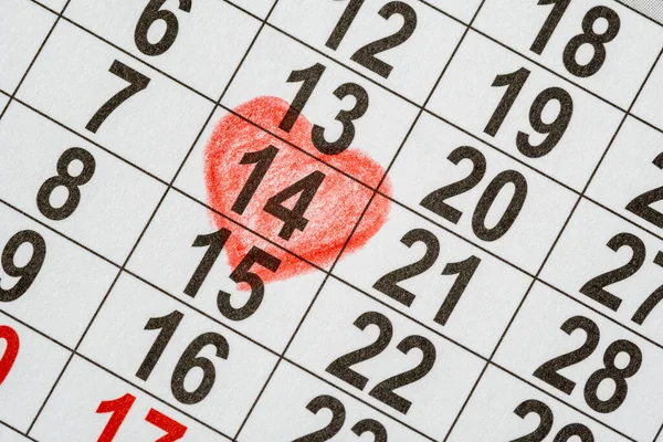 Kalendář Datem Února Den Svatého Valentýna Červenou Srdeční Značkou — Stock fotografie