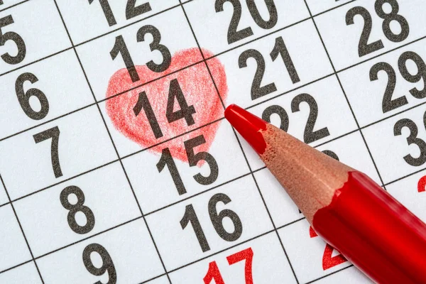 Měsíční Kalendář Únor Detail Pohled Červeným Srdcem Kreslené Čtrnáctého Valentýna — Stock fotografie