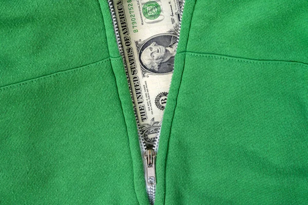 Vista Close Camisola Verde Com Zíper Dólar Como Fundo — Fotografia de Stock