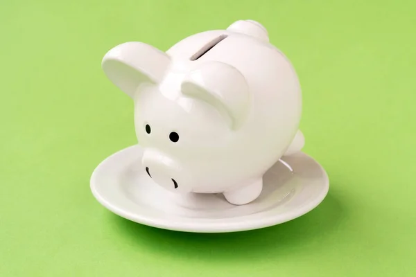 Savings Consumer Concept White Plate Piggy Bank Green Background — Stock Photo, Image