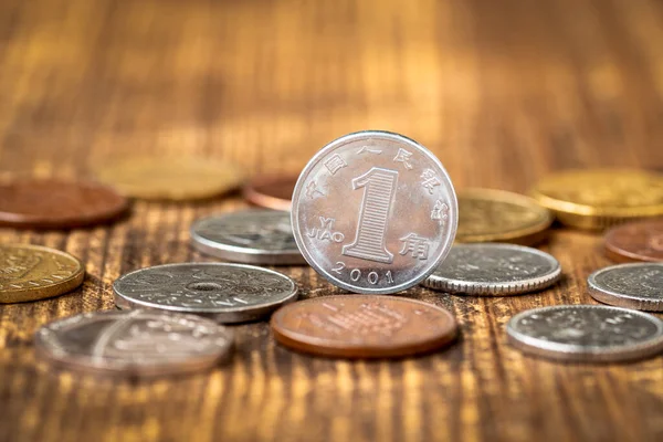 Silver Yuan Coin Middle Various Coins Lying Table — Stock Photo, Image