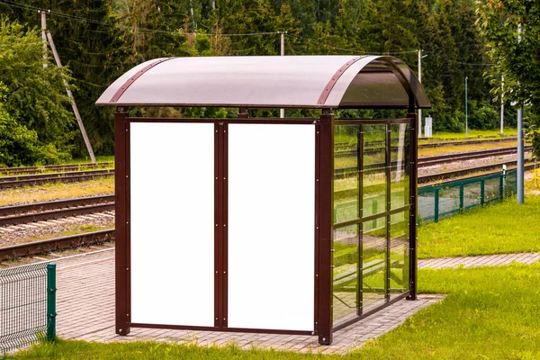 Tomma Skylt Banner Tågstationen För Reklam Mockup — Stockfoto