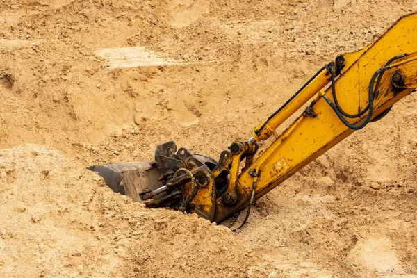 Primer Plano Del Cubo Excavadora Maquinaria Construcción Equipos Pesados Movimiento —  Fotos de Stock