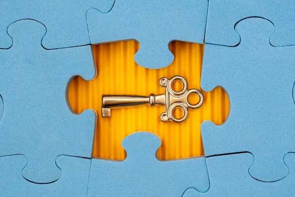 Encontre Chave Para Sucesso Oportunidade Negócio Solução Quebra Cabeça Azul — Fotografia de Stock