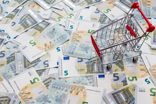 Carrinho de compras e muitas notas de euro 5 — Fotografia de Stock
