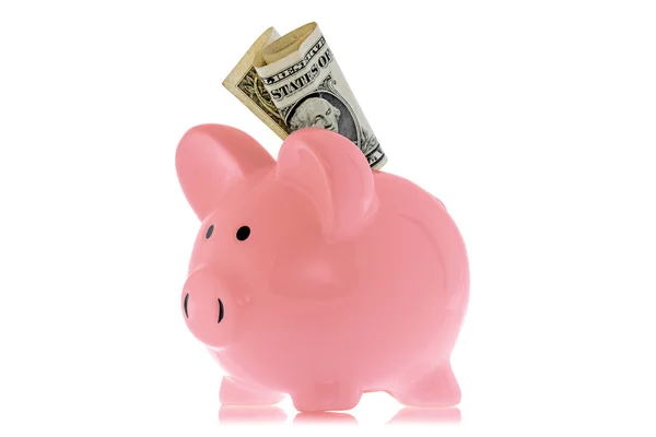 Piggy bank with one dollar — Stock Photo, Image