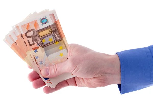 Stapeln von fünfzig Euro-Banknoten in die hand — Stockfoto