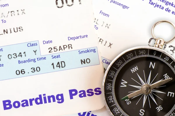 Air travel boarding pass and compass — Stock Photo, Image