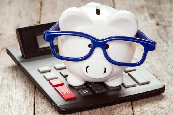 Piggy bank in glasses with calculator — Stock Photo, Image