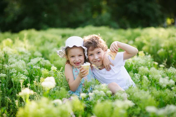 Kinderen samen spelen in de tuin, eten van ijs en glimlach — Stockfoto