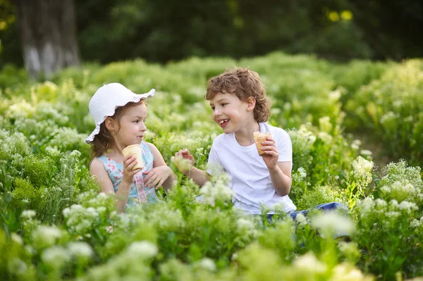 As crianças brincam juntas no jardim, comem sorvete e sorriem — Fotografia de Stock