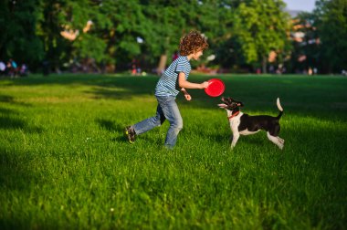 Sarışın çocuk parkta çim onun siyah beyaz köpek ile oynuyor.