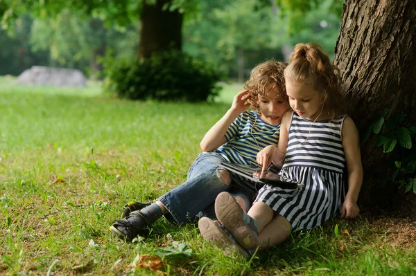 Мальчик и девочка 8-9 лет сидят на траве в парке с маленьким ноутбуком . — стоковое фото