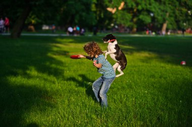 Çocuk bir köpek eğitir..