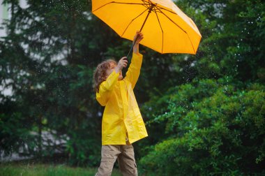 Chappie parlak sarı şemsiye ve yağmurluk sıcak yaz yağmur altında.