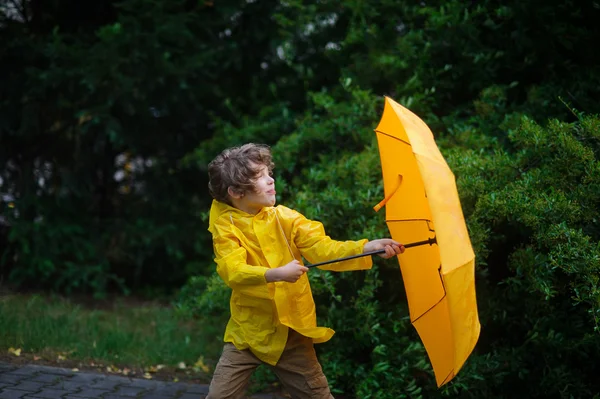 Bir şemsiye çocuğun elinden ağır Rüzgar acele çıkarıp.