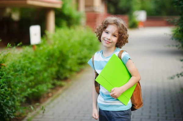 Netter blauäugiger Schuljunge mit einem Lächeln blickt in die Kamera. — Stockfoto