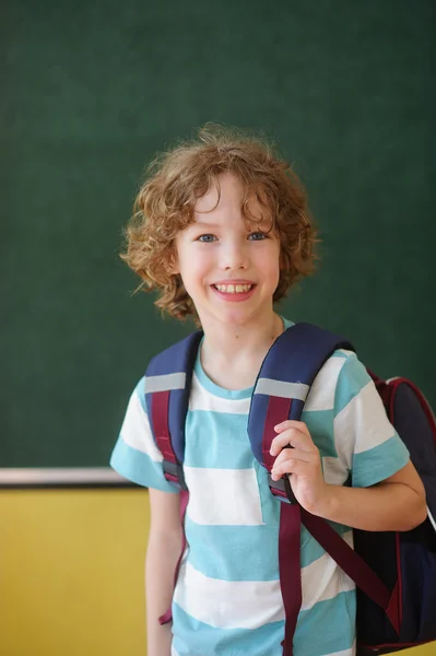 Nice schoolchild stands in the class near a blackboard. — Stock Photo, Image