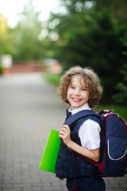 Küçük kıvırcık saçlı çocuk okul avluda standları.