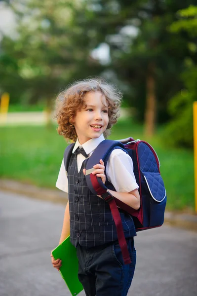 Pequeño colegial parado en el patio de la escuela . — Foto de Stock