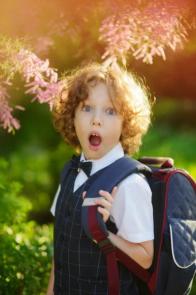 Pequeño colegial de pie sobre un arbusto floreciente . — Foto de Stock