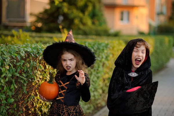 Двое детей младшего школьного возраста в костюмах на Хэллоуин . — стоковое фото