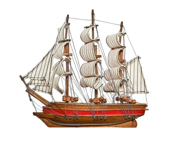 Model of old sailing ship made of wood. Isolated on white.With p — Stock Photo, Image