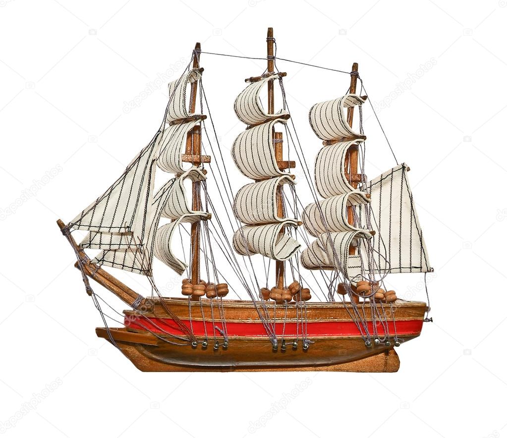 Model of old sailing ship made of wood. Isolated on white.With p