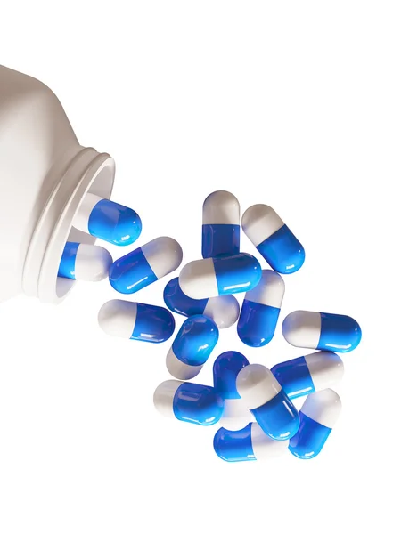 Pillole colorate una bottiglia pillola su sfondo bianco — Foto Stock