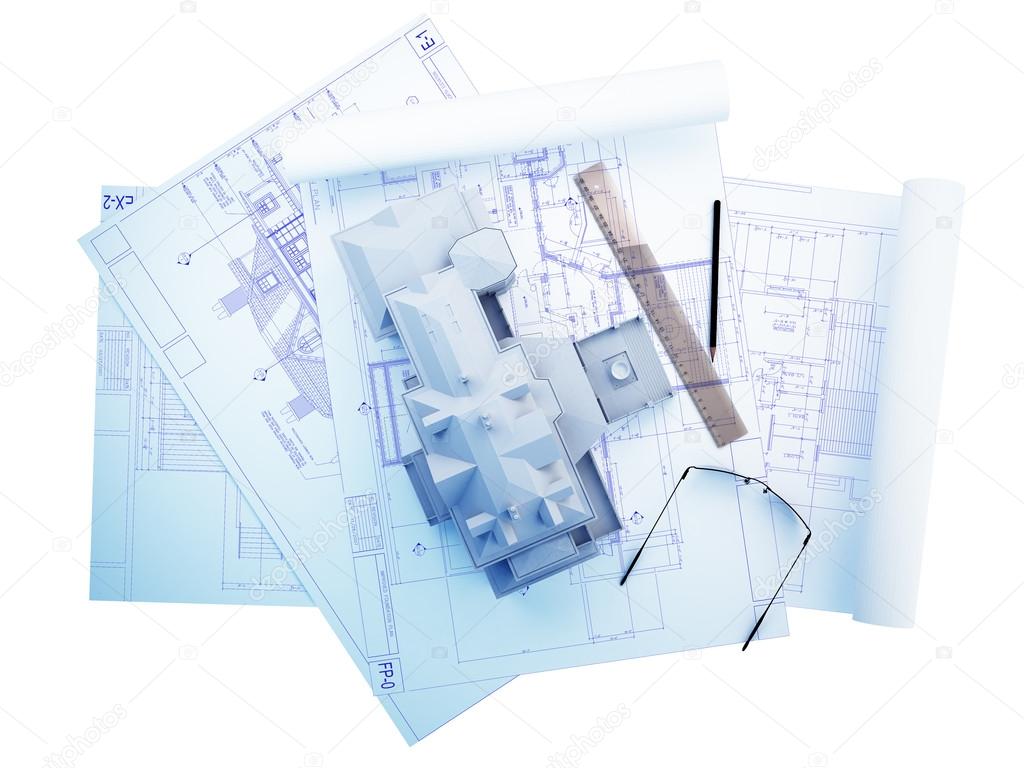 3D building with architectural drawing