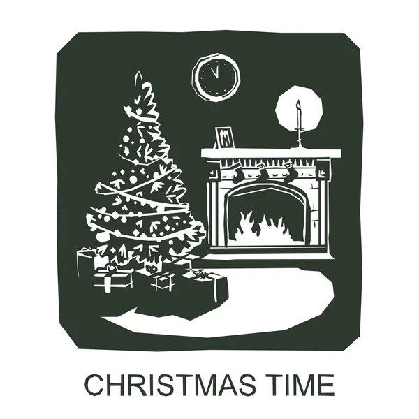 Noel zamanı. Bir şömine, Noel ağacı, hediyeler, süslemeleri ile evin iç. — Stok Vektör