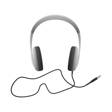 Beyaz arka planda izole edilmiş ses kablosu olan bir çift kulaklığın gerçekçi vektör çizimi. Müzik dinleme, podcast, yayın için modern ses ekipmanları. 