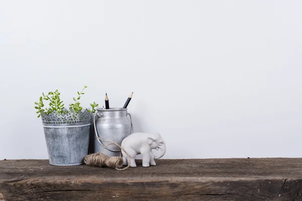 Scandinavian style home decor with rustic wooden board — Stock Photo, Image