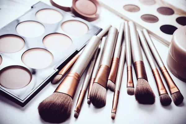 Profesjonalne szczotki do makijażu i narzędzia, zestaw kosmetyków — Zdjęcie stockowe