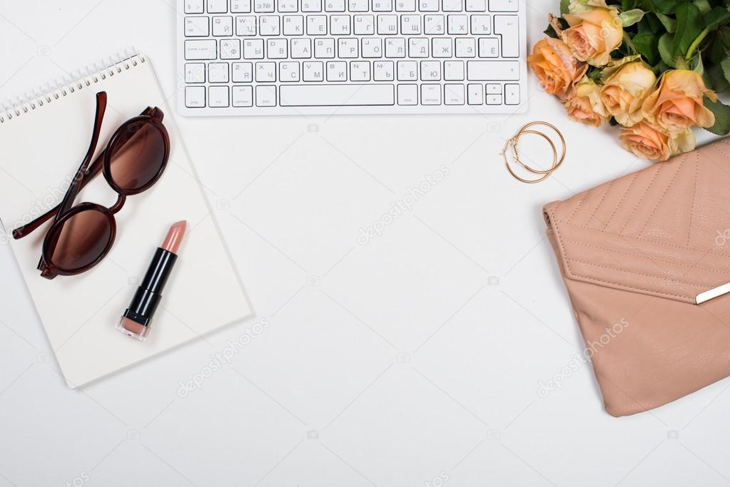 Feminine Office Desk Workspace Mockup With Flowers Stock Photo