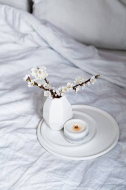 Çiçek açan kayısı ağacı dalları ve yanan mum yatak odasının içinde yuvarlak tepside, beyaz bahar evi dekorasyonu.