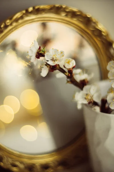 Blooming apricot tree branches in cup and burning candle in front of mirror — Stock Photo, Image