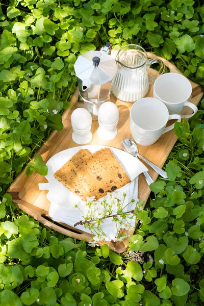 Café da manhã para dois no gramado no jardim — Fotografia de Stock