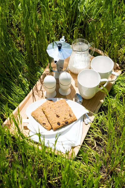 Breakfast for two on the lawn in the garden — Stock Photo, Image